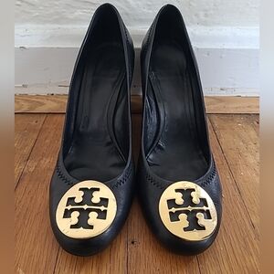 Tory Burch Black Wedge Heels with Gold Emblem, Size 7.5, Fair